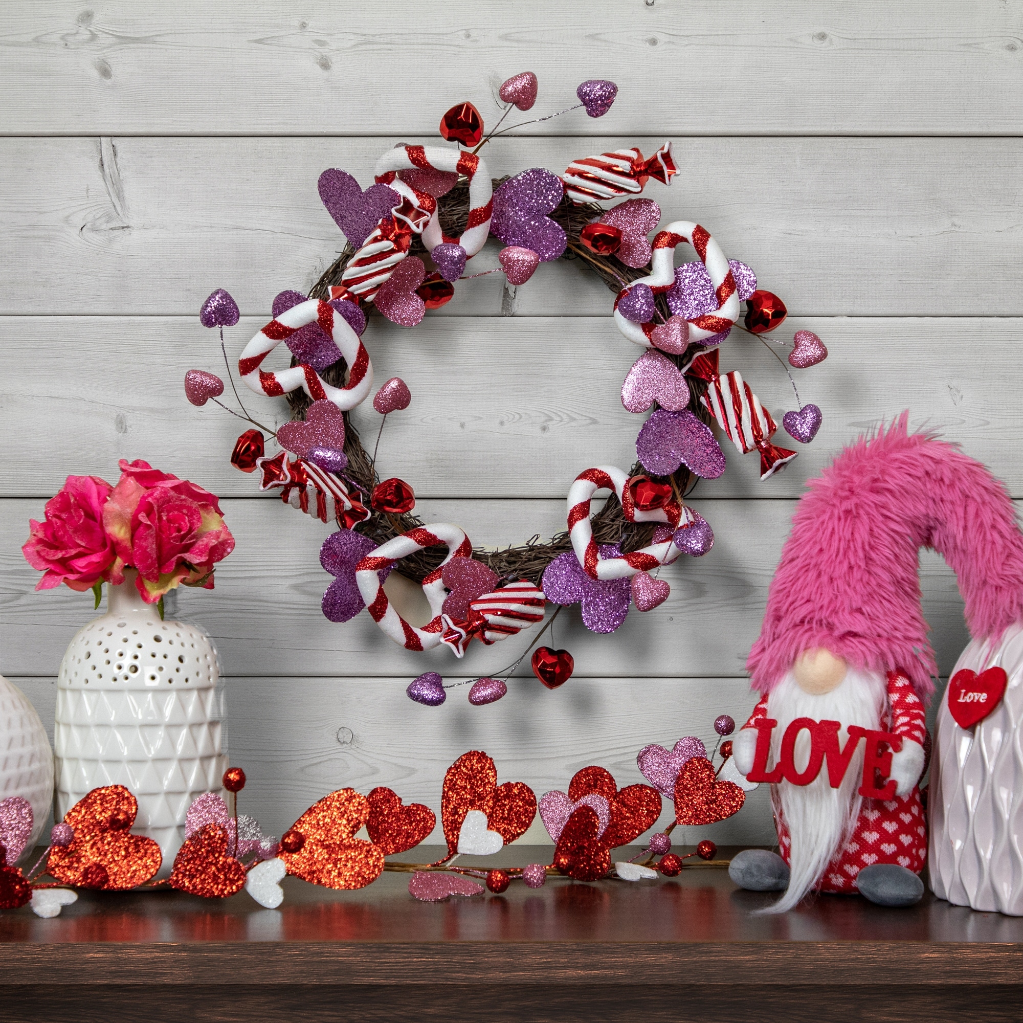Pink Purple Cies Hearts Valentine's Day Wreath, 16-Inch, Unlit