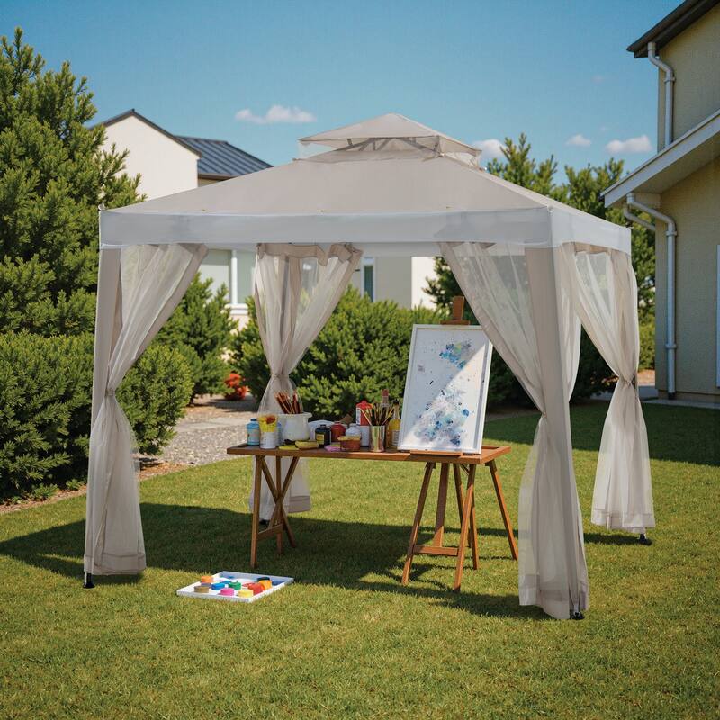 Sunjoy 8 x 8 Outdoor Patio Gazebo Outdoor Backyard Modern 2 Tier Steel Frame Soft Top Gazebo with Mesh Netting Grey Khaki - White