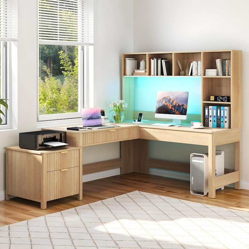Moasis L Shaped Computer Desk with Hutch and Drawers Home Office Desk w/LED Light and Power Outlets - Oak - 47"