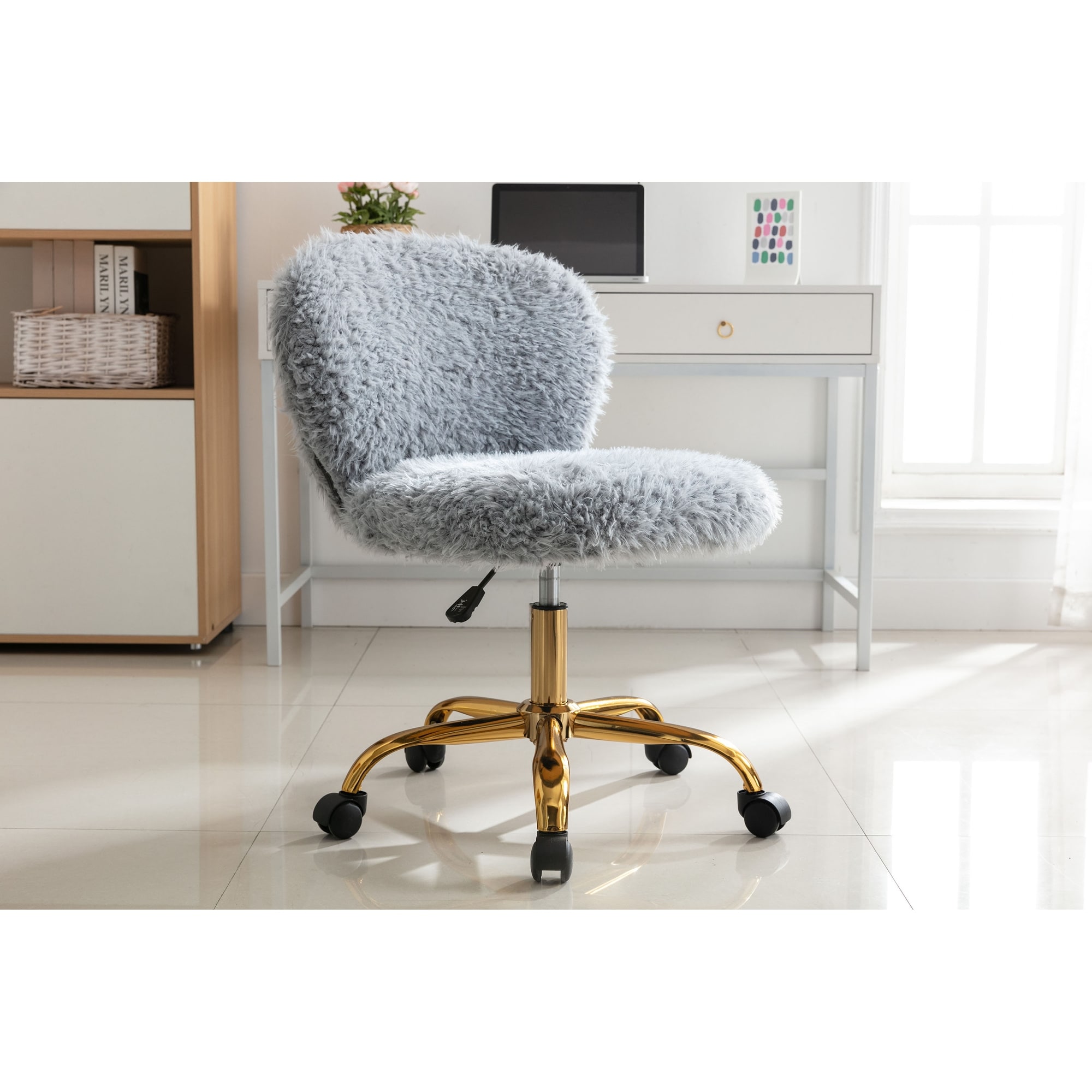 Porthos Home Itzel Armless Office Chair Plush Fabric Gold Legs