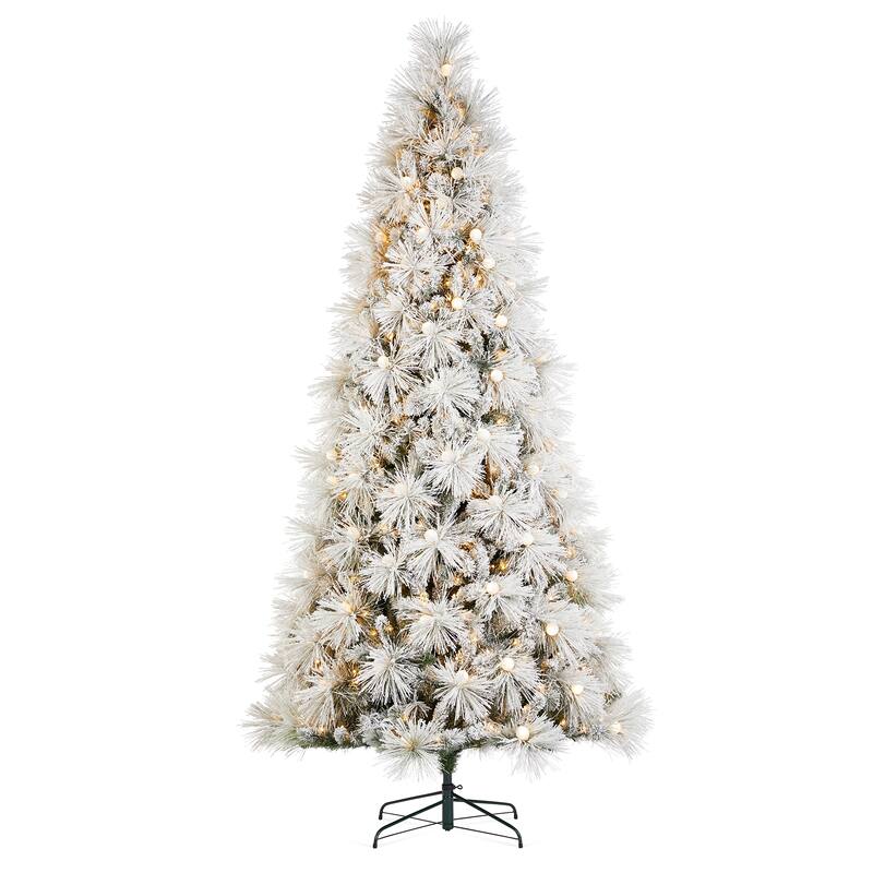 Glitzhome 7.5FT/9FT Pre-Lit Flocked Full Snowy Globe Pine Artificial Christmas Tree with Foot Switch