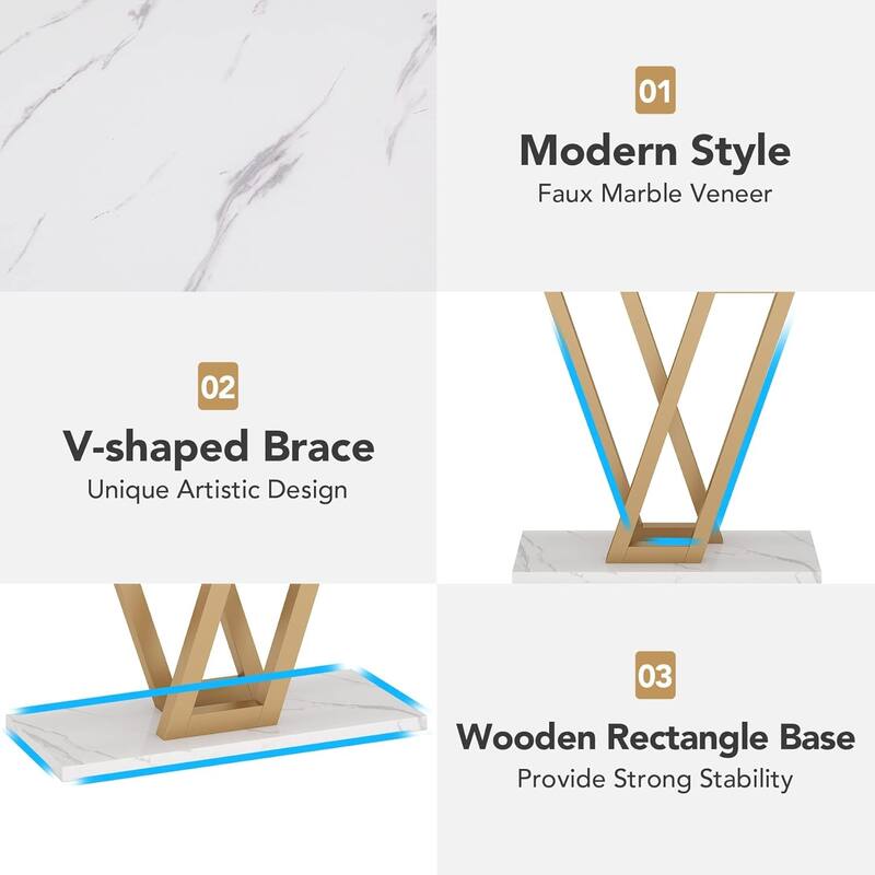 43" Modern Console Table with Faux Marble Top & V-Leg Metal Frame for Hallway, Living Room or Foyer