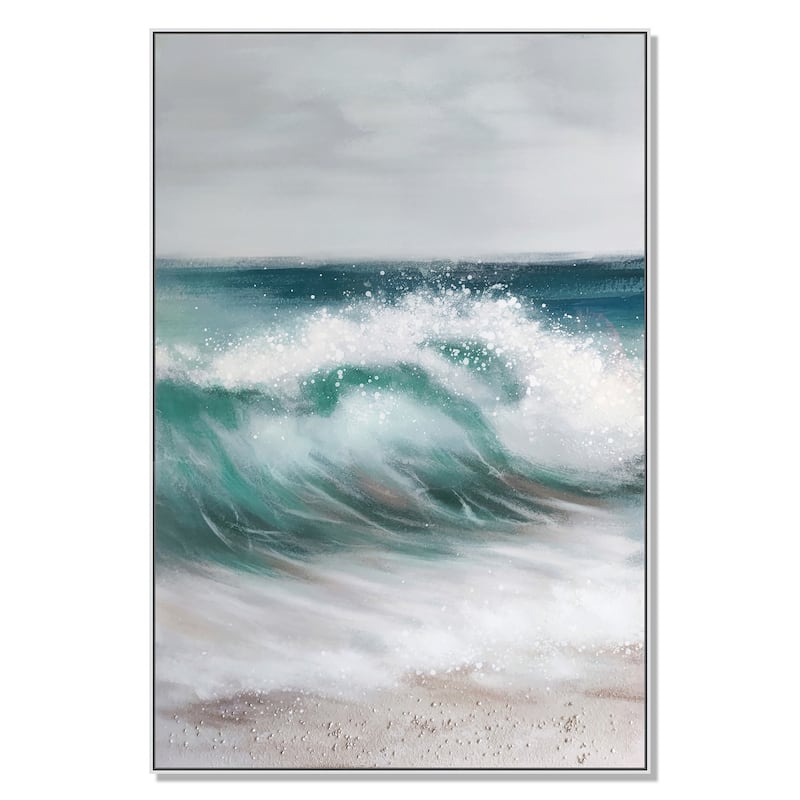 39 x 59 Hand Painted Cresting Waves, White Frame, Seafoam Green, Ocean Blue - Sea Green, Ocean Blue, White