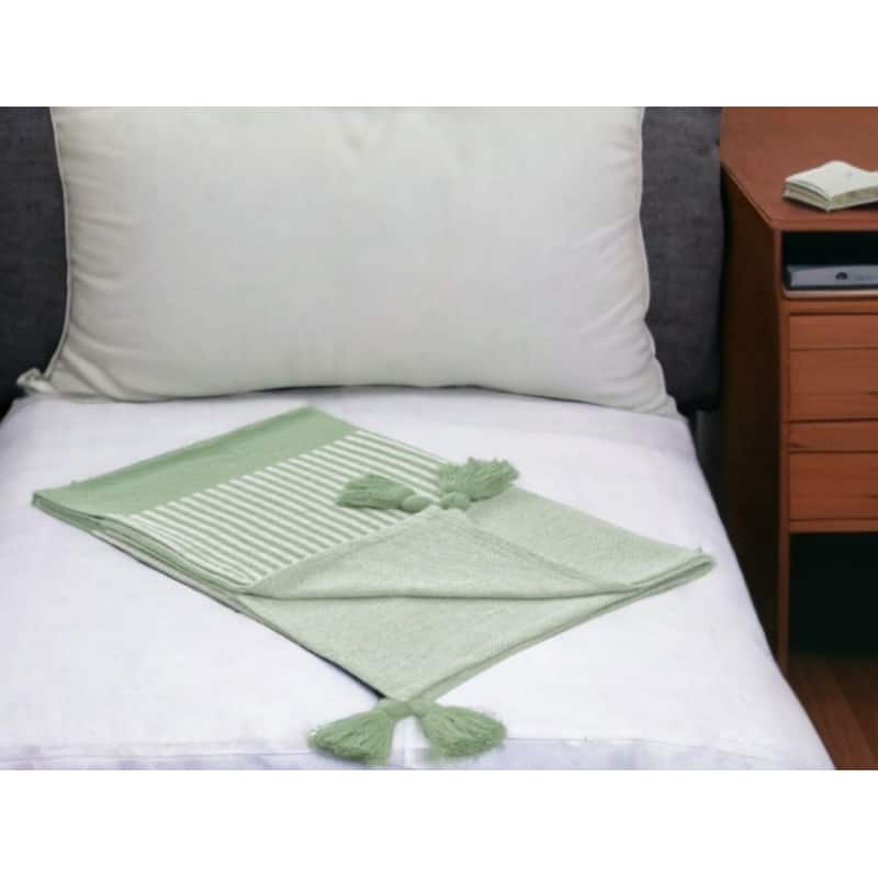 60" X 50" Green Woven Cotton Striped Throw Blanket with Tassels - Throw