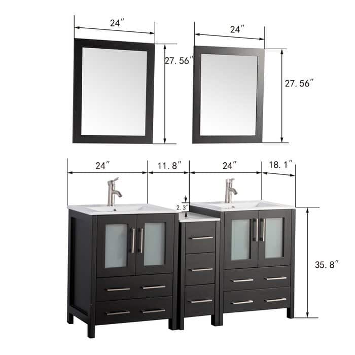 Vanity Art 60 in. Double Sink Bathroom Vanity with Top and Mirrors - 60 X 18.1 X 35.8
