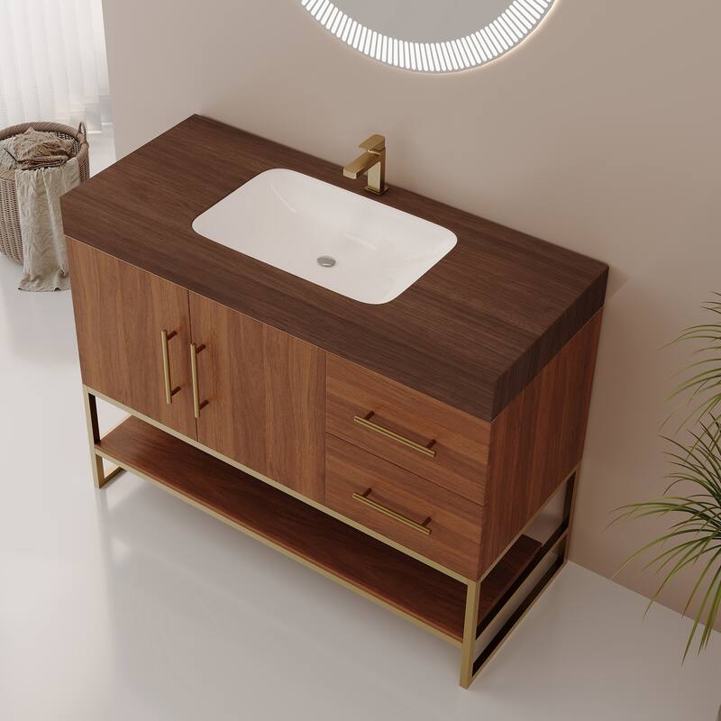 GDFStudio - Luxury 36" Freestanding Sintered Stone Bathroom Vanity with Seamless Ceramic Sink, Open Storage & Soft-Close Drawers