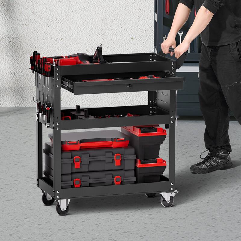 4-Tier Tool Cart on Wheels 350 lb Rolling Work Cart with Drawer & Pegboard