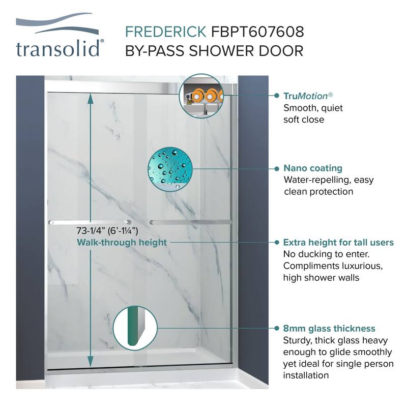 Transolid FBPT487608C-S 76" High x 47" Wide Bypass Frameless Shower
