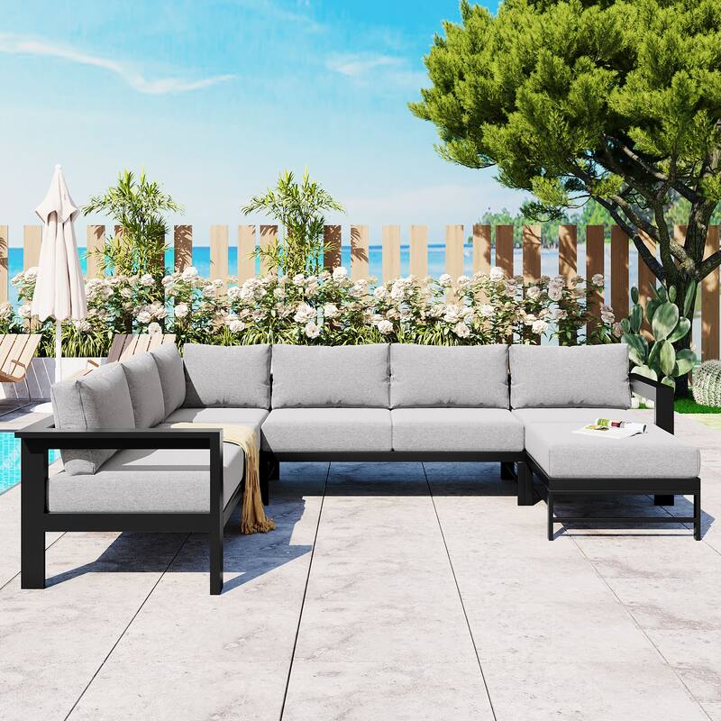 Outdoor Conversation Furniture Set for 6 People, Aluminum U Shaped Patio Sectional Sofa with Removable Cushions