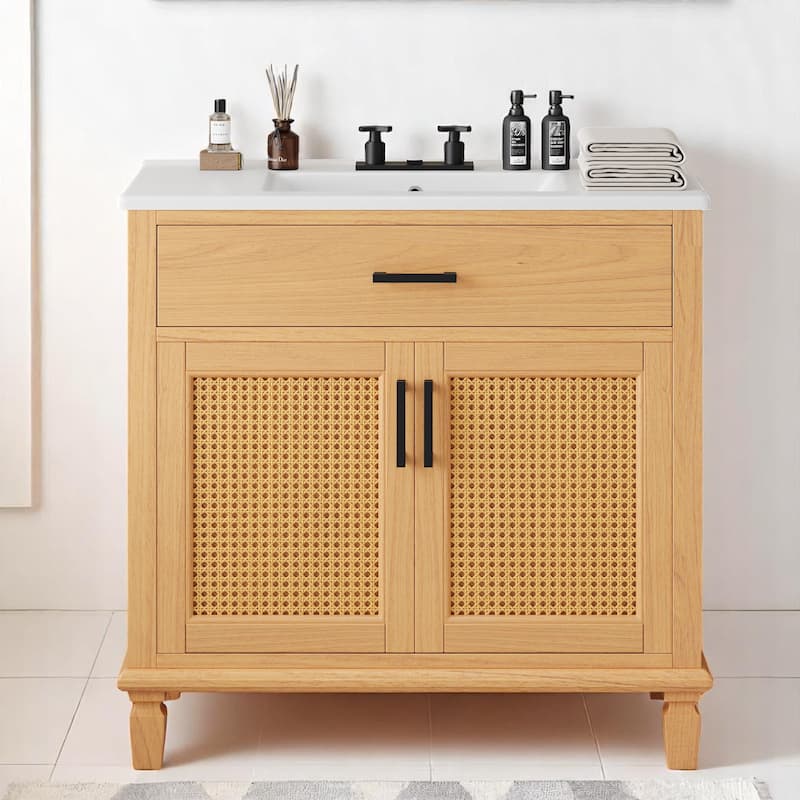 36" Free-standing Rattan Bathroom Vanity with Ceramic Sink, Soft Close Doors, Solid Wood Legs, 3 Drawers - Natural