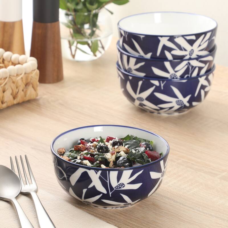 Gibson Home Ivory Estate 4-Piece Cereal Bowl Set, 5.5 Inch Round Stoneware Bowls, Blue & White Floral Pattern, Assorted Designs