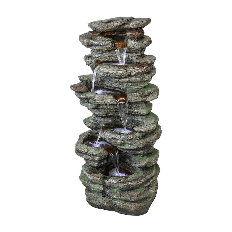 SunJet 40" H 6-Tiers Cascading Rock Outdoor Water Fountain with LED Lights - 40'' H X 18'' W X 12'' D