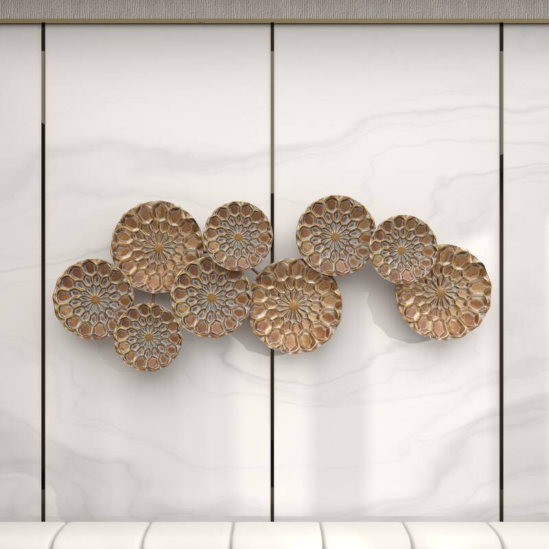 Gold Metal Embossed Floral Plate Home Wall Decor with Teal Accents