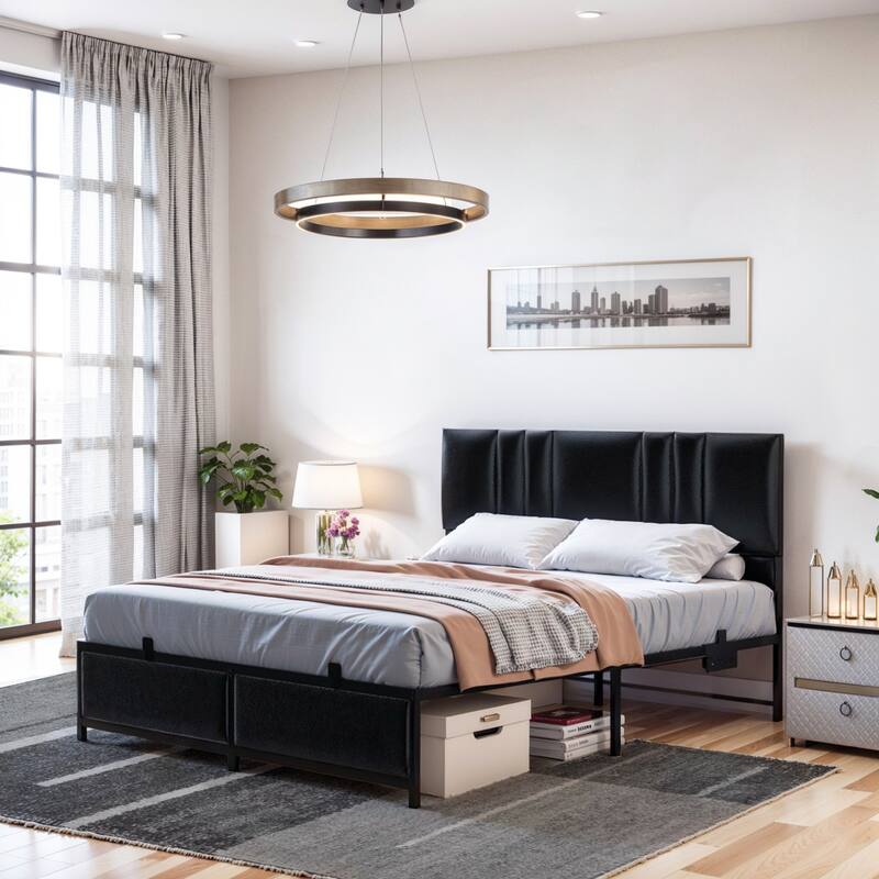 Platform Bed Frame with Ajustable Upholstered Headboard, Bed with USB Port and Charge Station