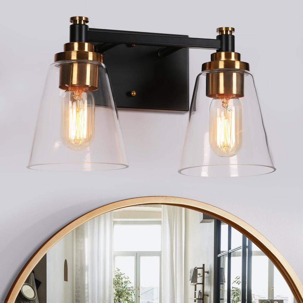 Modern 2-Light Black Gold Bathroom Vanity Light Clear Glass Wall Sconces - 13" L x 7.5" W x 8" H