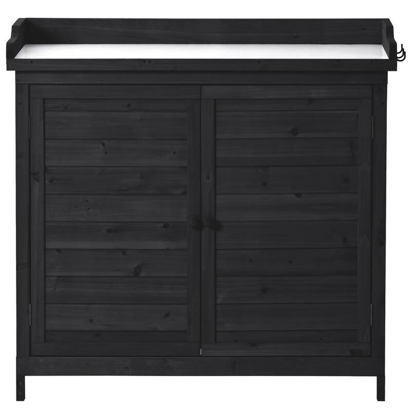 Patio Garden Potting Bench Table, Outdoor Garden Wooden Storage, Patio Workstation with 2-Tier Shelves and Side Hook