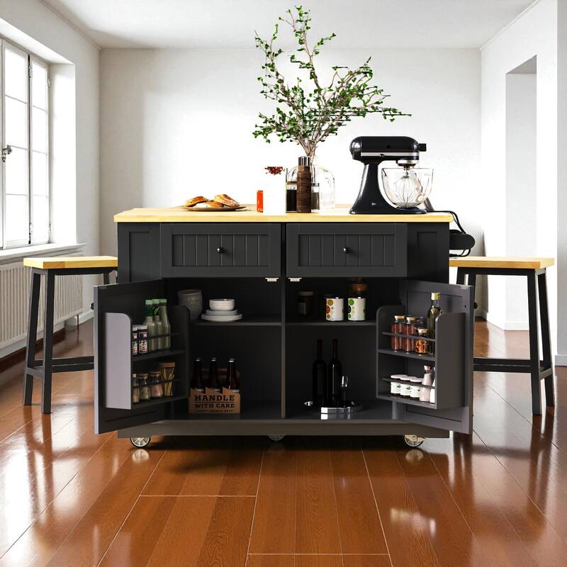48" Kitchen Island with Drop Leaf & Power Outlet, Rolling Storage Cart with Internal Racks, Drawers & Shelves