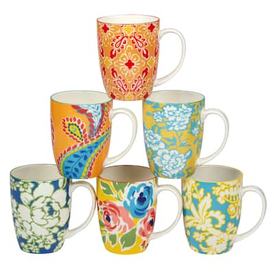 Certified International Damask Floral Assorted Designs 14 oz. Mugs, Set of 6