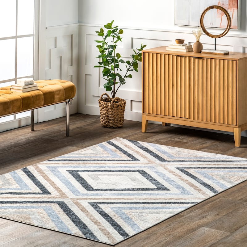 Nuloom Akari SpinClean Transitional Diamond Machine Washable Area Rug - 7'10" x 10' - Blue - Rectangle