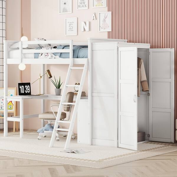 slide 2 of 9, White Twin Solid Pine Loft Bed with Desk, Shelves, Wardrobe, Guardrails White