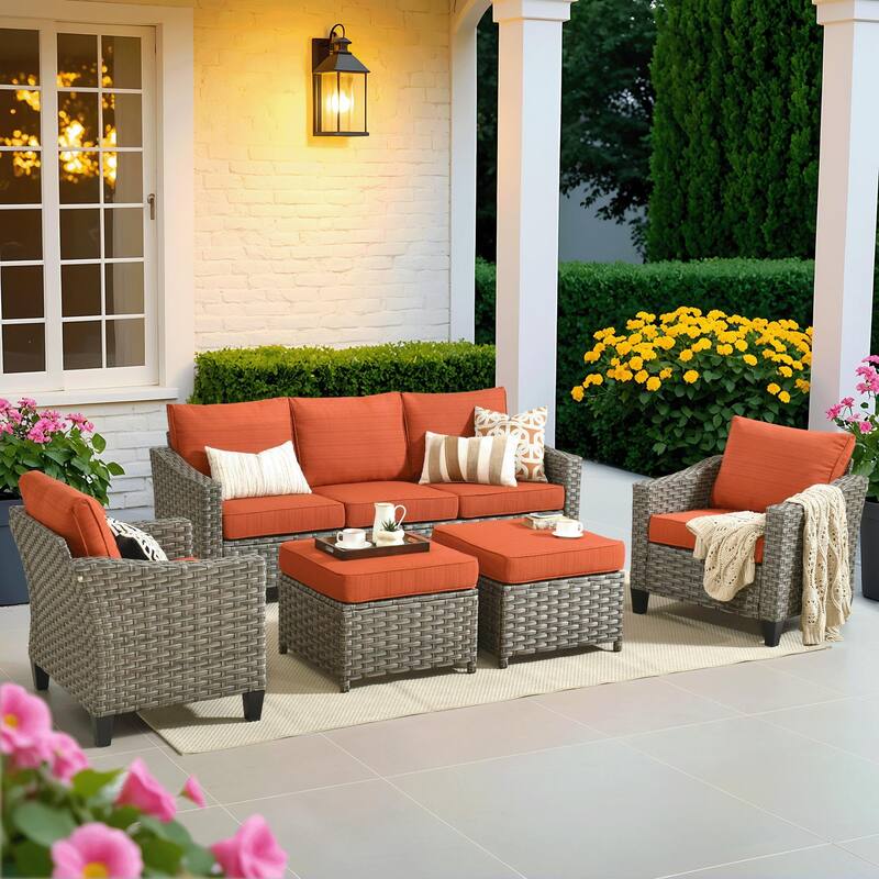 ​​OVIOS 5-Piece Outdoor Wicker Set With Ottoman - Orange/Red