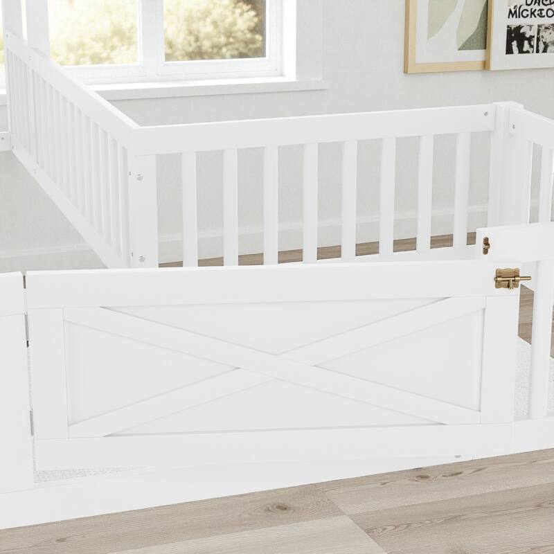 Twin/Full Size House Floor Bed with Door and Guardrails, Double Twin/Full Solid Wood Montessori Bed for Kids