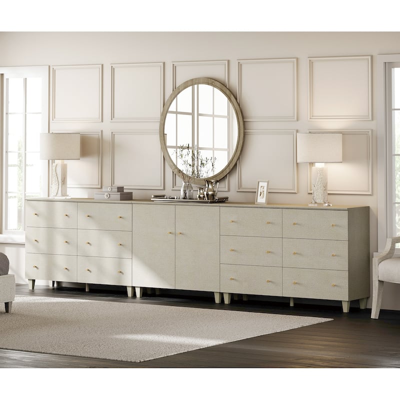 Wood Dresser with 12 Drawers and 1 Cabinet for Bedroom, 130" Wide - Beige