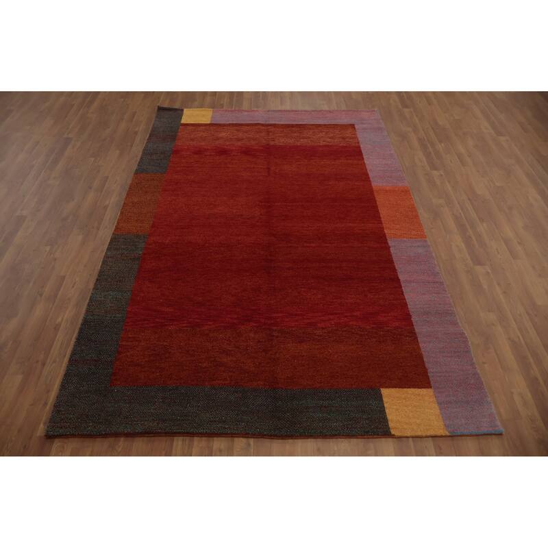 Hand Knotted Oriental 100% Wool Carpet Modern Geometric Oranges & Rust Gabbeh Area Rug - 9' 8'' X 6' 5''