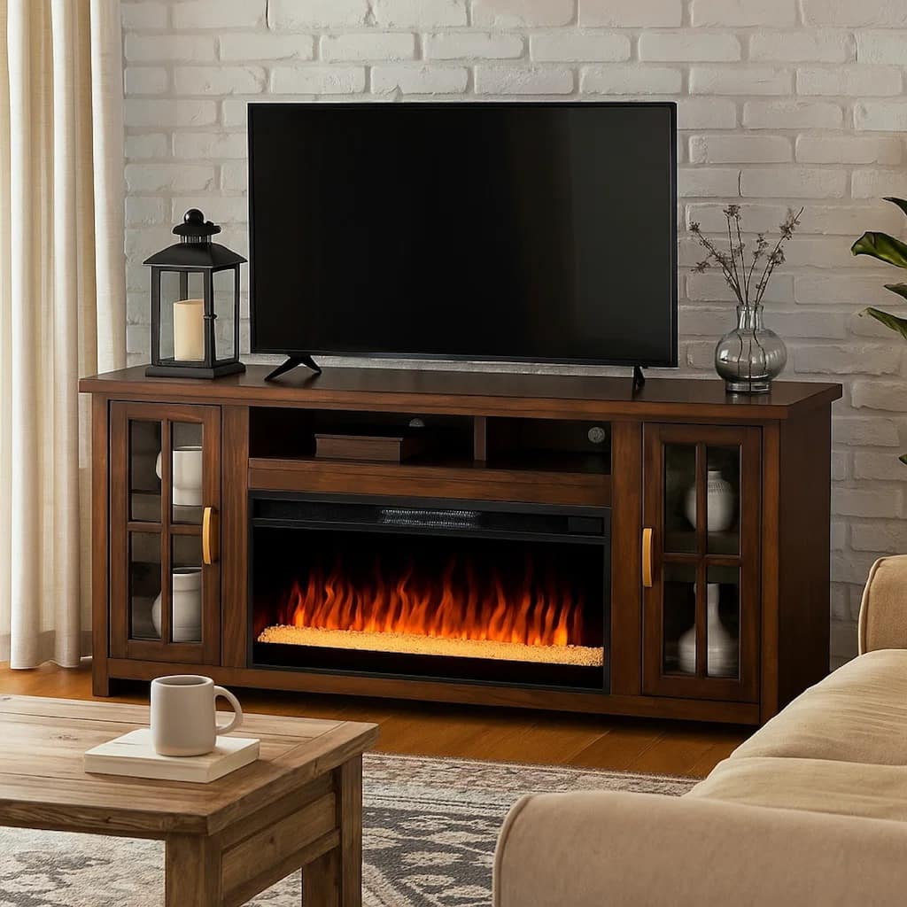 Gery TV Media Console w Crystal Fireplace Insert Option, 76 Inch, 2 Cabinets, Brown