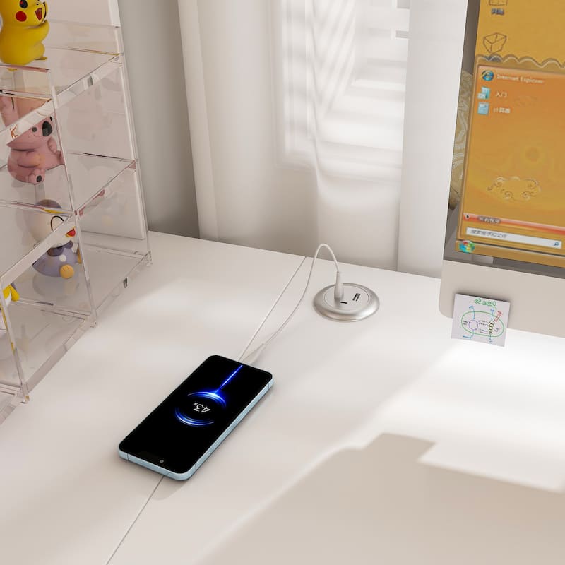 Computer Desk with Glass Cabinets & Built-In LED Lights, Corner L-Shaped Office Desk with USB Charging Ports, Keyboard Tray