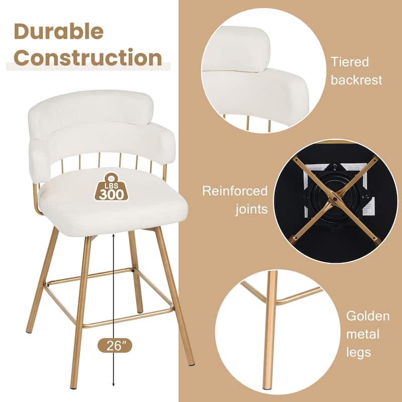 26 Inch Bar Stools Set of 2 Swivel Upholstered Back Metal Legs