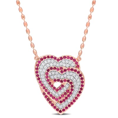 Miadora 1 3/4ct TGW Created White Sapphire Created Ruby Heart Necklace Rose Silver