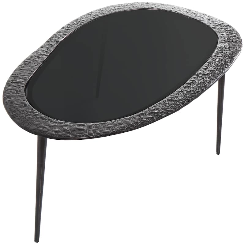 Aluminum Metal Abstract Oval Shaped Side End Table with Shaded Glass Top and Detailed Engravings - Black - Roche River Decor