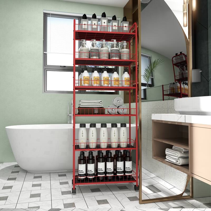 Red 6 Tier Slim Rolling Storage Cart, Mobile Shelving Unit with Wheels, Metal Wire Storage Shelving Rack with Baskets