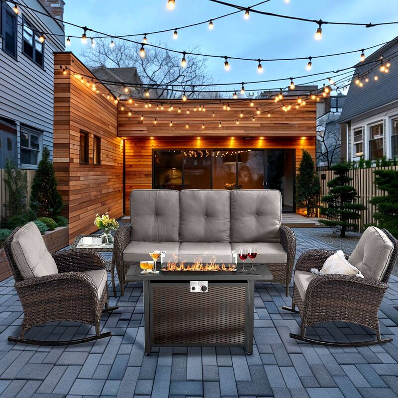 Pocassy Outdoor Fire Pit Conversation Sofa Set - Brwon Wicker Grey Cushion - 5PCS Fire Table w/ Sofa Rocker Chair