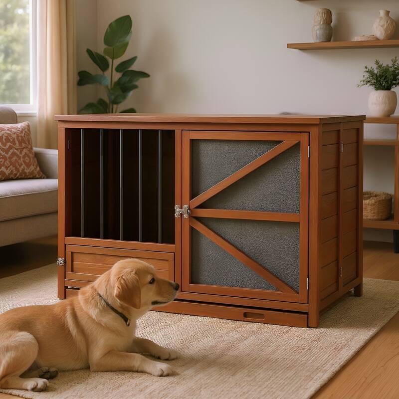 43" Solid Wood Dog Crate Furniture, Foldable Indoor Kennel with 360° Rotating Feeder Multi-Functional End Table