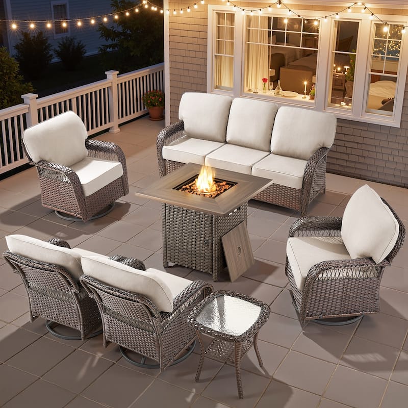 Pocassy Patio Outdoor Fire Table with Sofa Ottoman Swivel Chair Funiture Set. - Brown Wicker Beige Cushion - 7-Piece Sofa Swivel Chair Table w/ Fie Pit Table