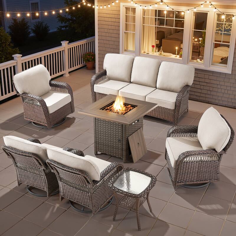 Pocassy Patio Outdoor Fire Table with Sofa Ottoman Swivel Chair Set. - Brown Wicker Beige Cushion - 7-Piece Sofa Swivel Chair Table w/ Fie Pit Table