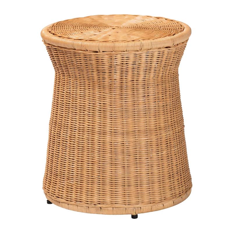Caroline Round Natural Rattan End Table - Handwoven Wicker Drum Shape Accent Table for Living Room or Sunroom, Light Honey - Light Honey