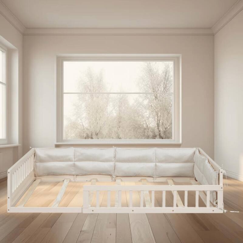 Full Size Upholstered Platform Bed Frame with Guardrail and Pillows, No Box Spring Required, Sturdy and Comfortable for Bedroom - White - Full