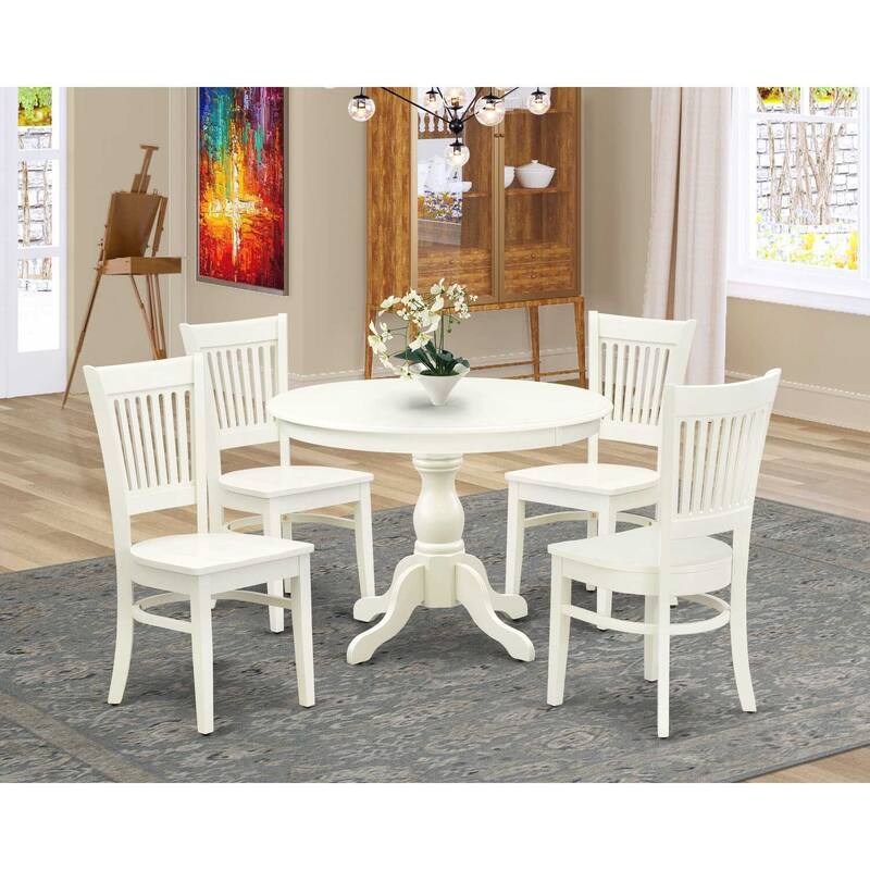 HomeStock 5-Piece Round Linen White Finish Solid Wood Top Dining table with 4 Chairs with Slat Back