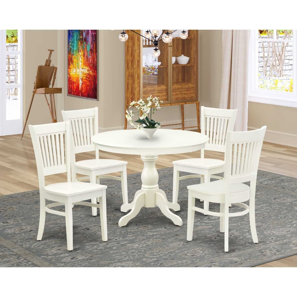 HomeStock 5-Piece Round Linen White Finish Solid Wood Top Dining table with 4 Chairs with Slat Back