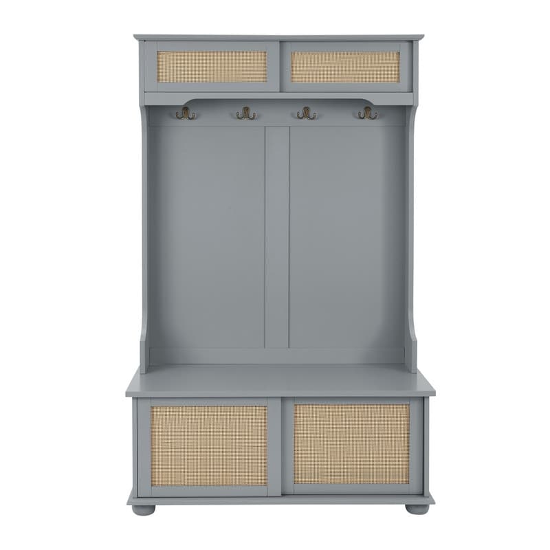Casual Style Hall Tree Entryway Bench with Rattan Door Shelves and Shoe Cabinets, SOLID WOOD Feet,40.16"W*18.58"D*64.17"H
