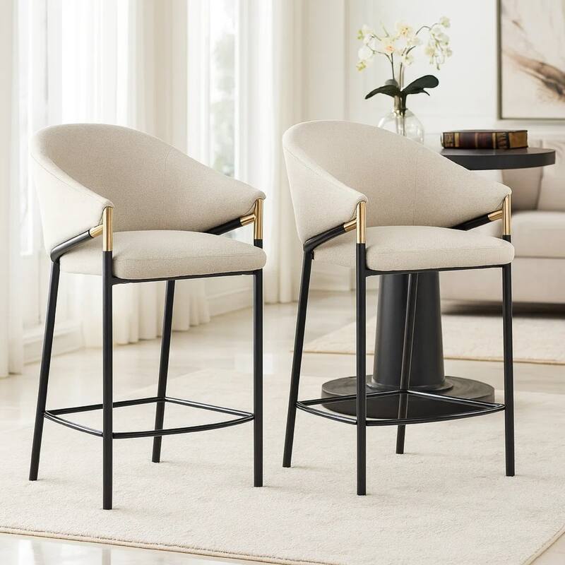 Fil 27 Inch Counter Height Stools, Set of 2, Padded Curved Back, Beige Linen