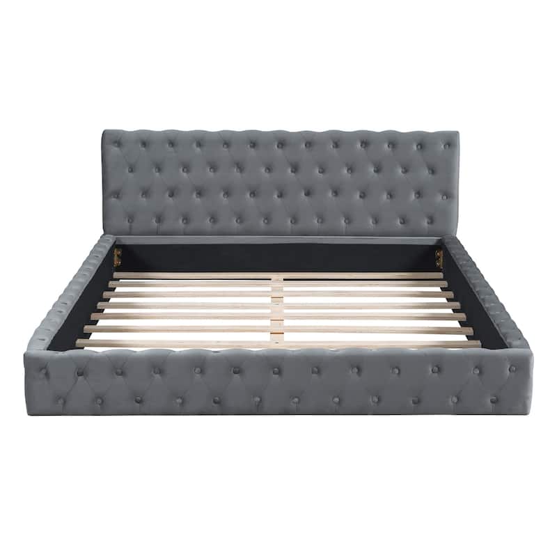 HomeRoots Gray Tufted Velvet Upholstered Queen Bed Frame