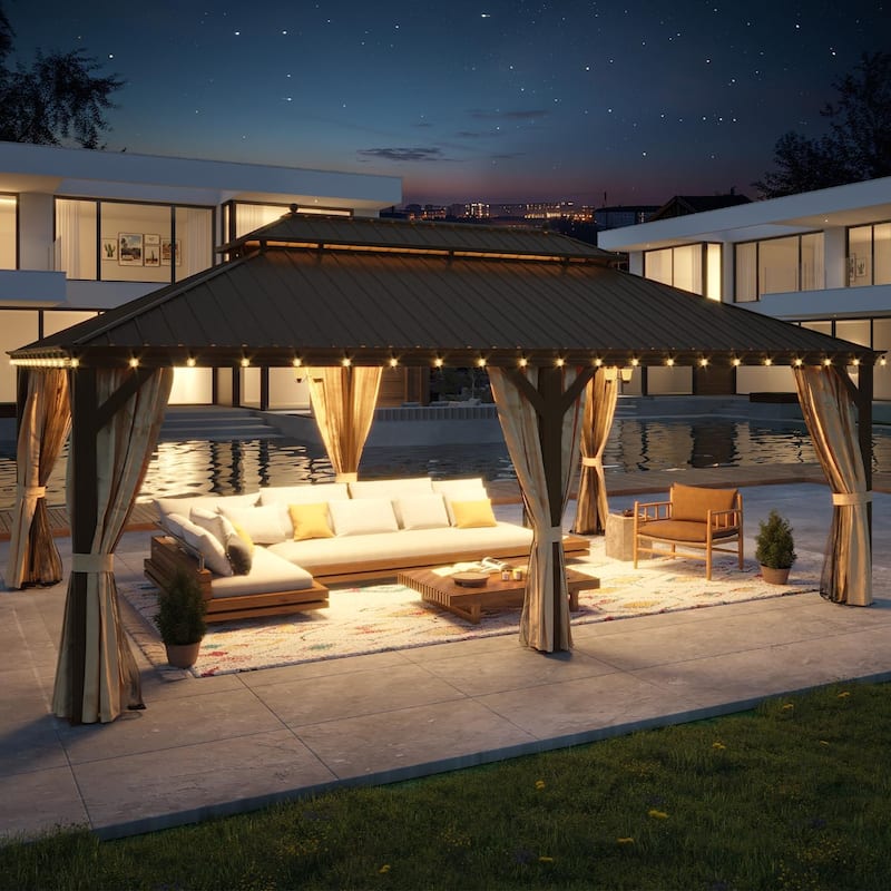 Erommy Hardtop Gazebo with Aluminum Frame and Double Roof, Permanent Outdoor Gazebo Includes Curtains&Netting for Patio Backyard