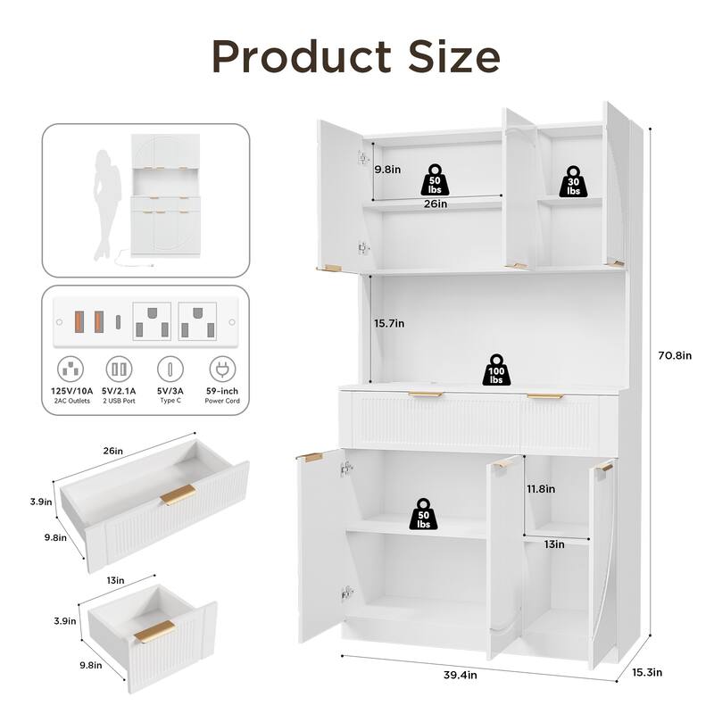 Fluted Kitchen Pantry Storage Cabinet with Microwave Stand, Outlets, Ample Space for Small Kitchens, Apartments & Home Offices