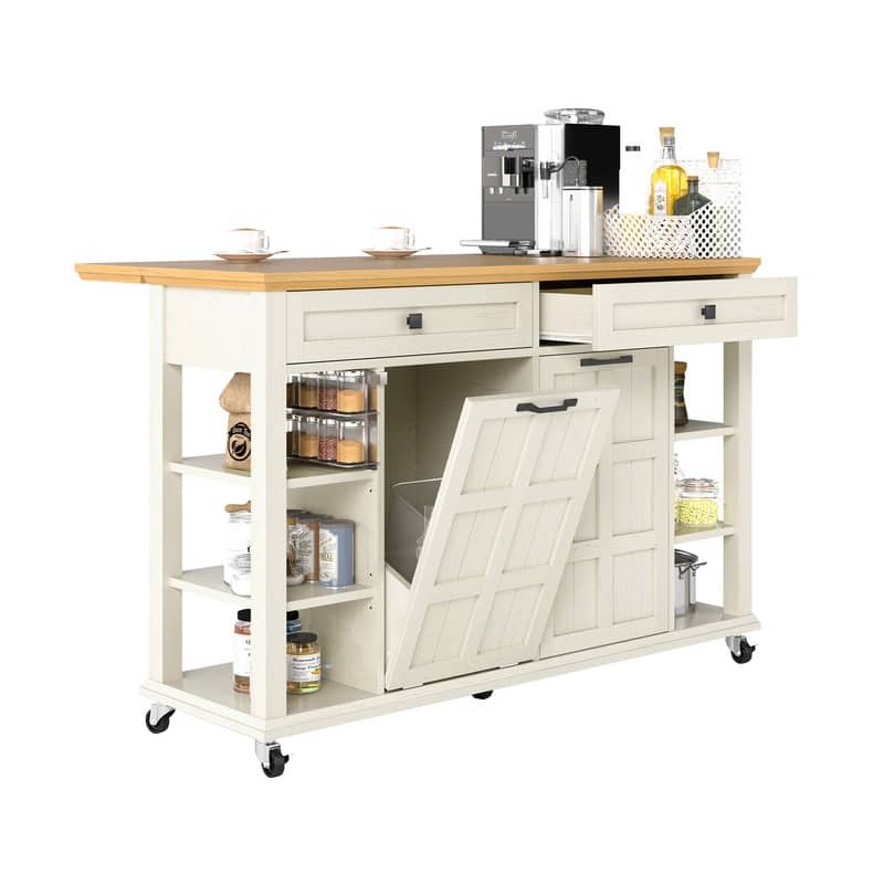 Moasis Rolling Kitchen Island with Storage & Drawers - White With Trash Can Cabinet