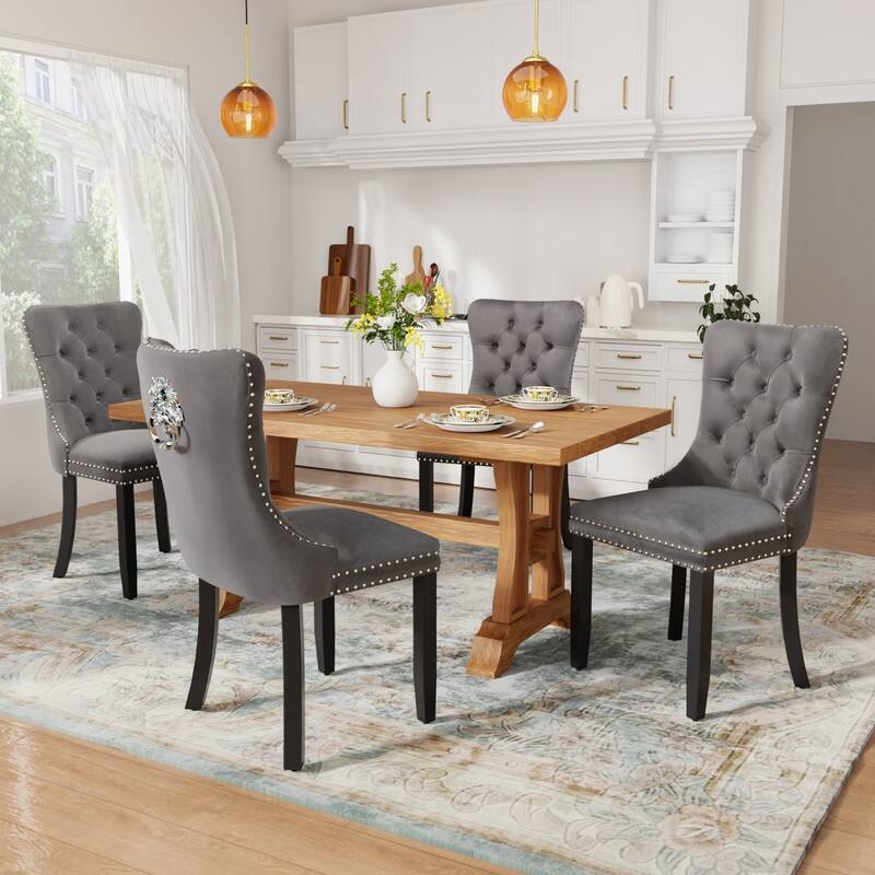 Tufted Naliheads Solid Wood Upholstered Dining Chairs (Set of 4) - Grey BlackLegs
