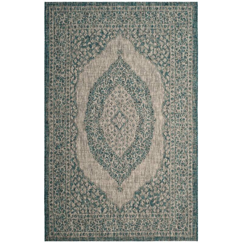 SAFAVIEH Courtyard Thoma Medallion Indoor/ Outdoor Waterproof Patio Backyard Rug - 4' x 5'7" - Light Grey/Teal